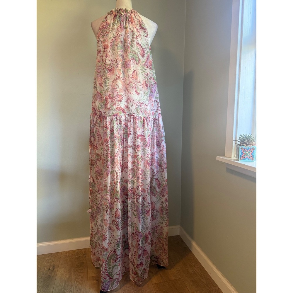 MISA Floral Halter Maxi Dress Pink Green XS/S Boho Chiffon flowy romantic whimsi